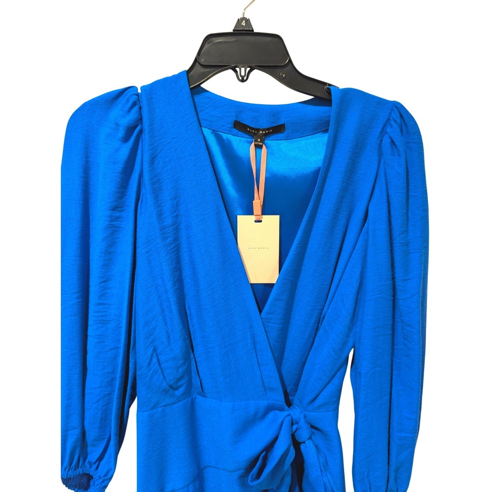 Alex Marie Royal Blue Wrap Dress Puff Sleeve V-Neck Cocktail Wedding Size 4 - Picture 5 of 14
